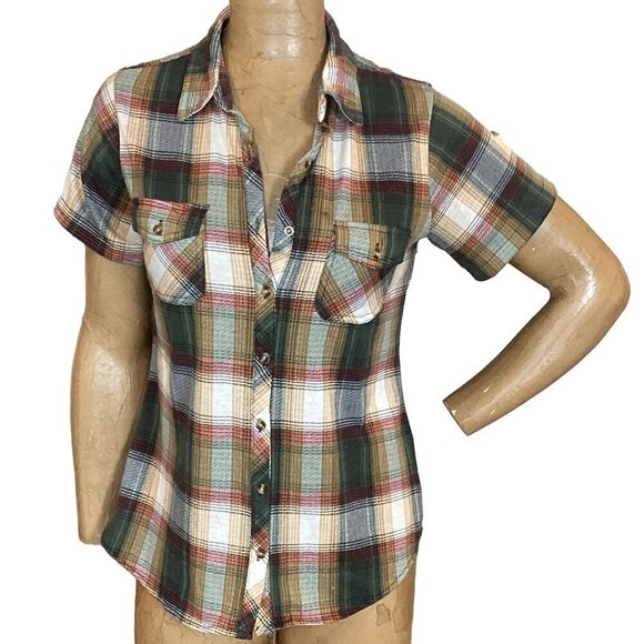 Eden & Olivia Plaid Shirt Button Down Short Sleeve Sz S #324B - Picture 2 of 9